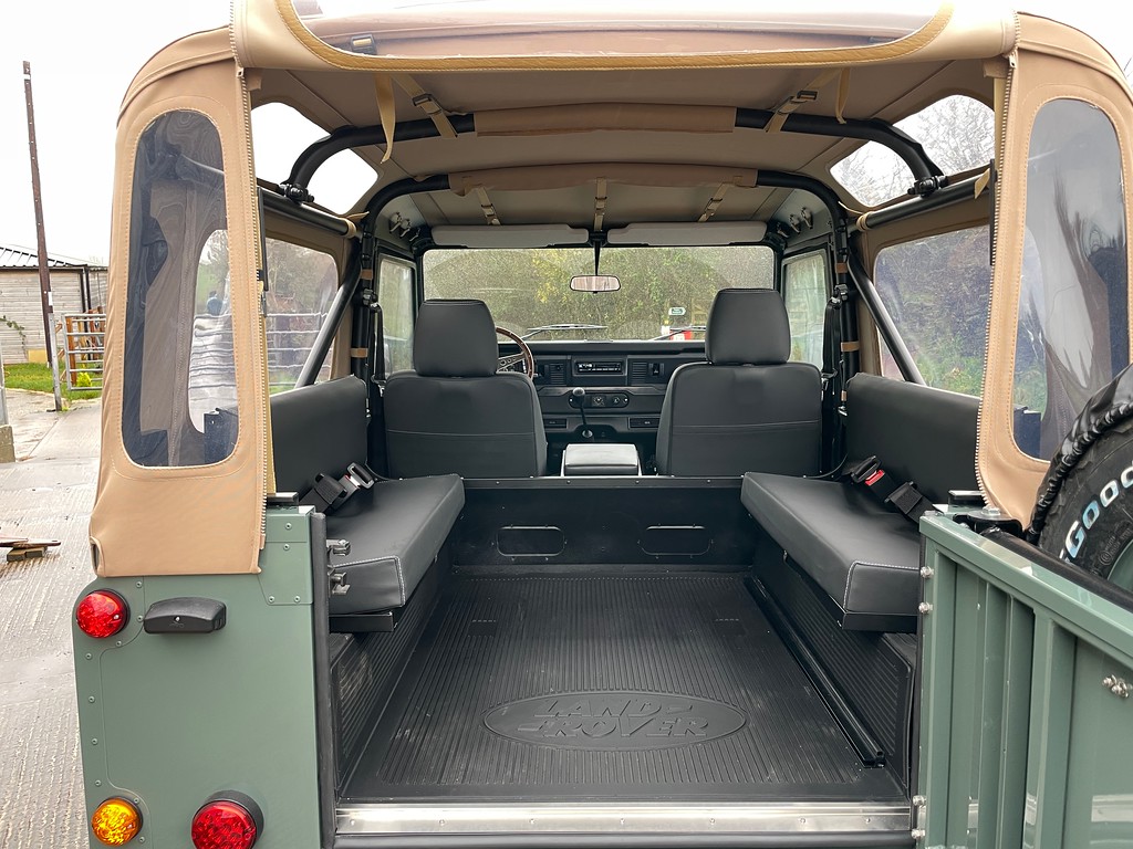 TATC Land Rover Defender 90 Green Soft Top back seats with door open